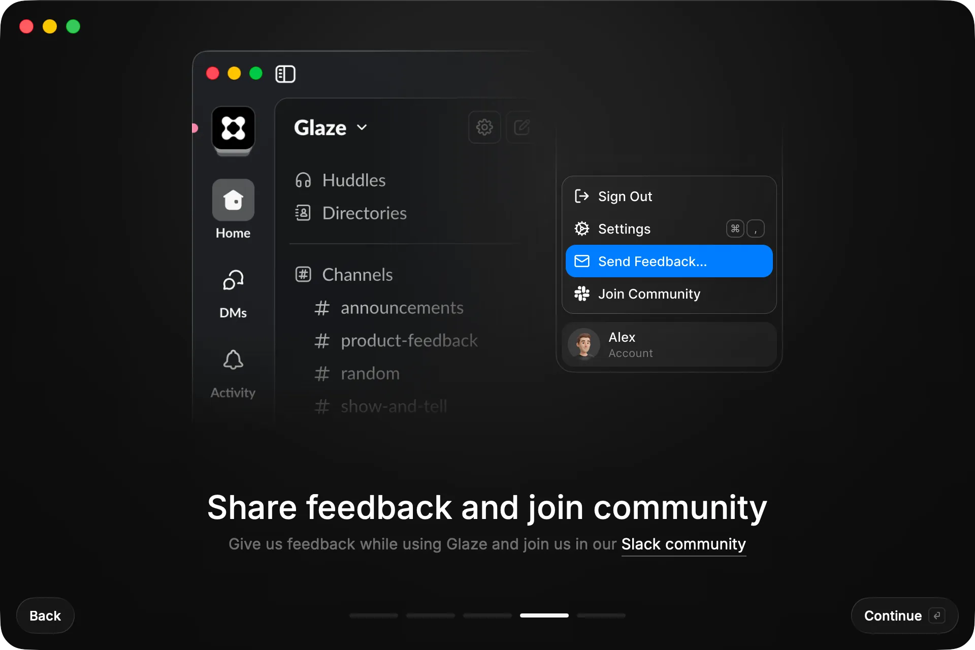 Glaze オンボーディング:コミュニティに参加してフィードバックを送れる画面(5/7)