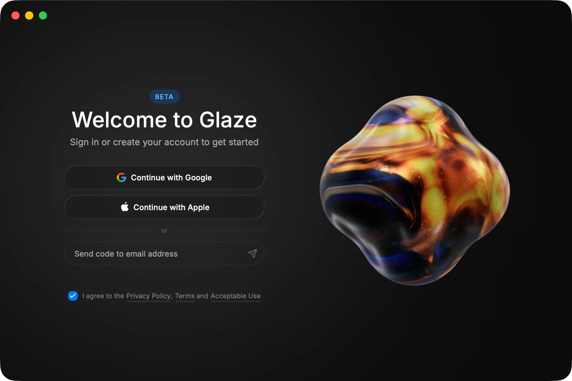 Glaze 初回起動時のサインイン画面(オンボーディング 1/7)
